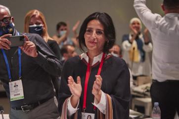 New IUCN President Razan Al Mubarak learns of her successful election in the Members' Assembly at the Congress in Marseille. © IUCN / Ecodeo / Sam Hollenshead 