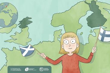 A drawing of a woman waving Finland's and Scotlands' flags, with a map on the background, highlighting the two countries.
