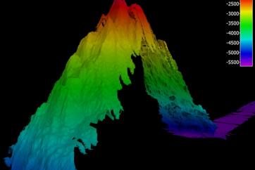 This "Mountain in the Deep" rose approximately 3,000 meters (9,840 feet) from the seafloor. Image courtesy of the NOAA Office of Ocean Exploration and Research.